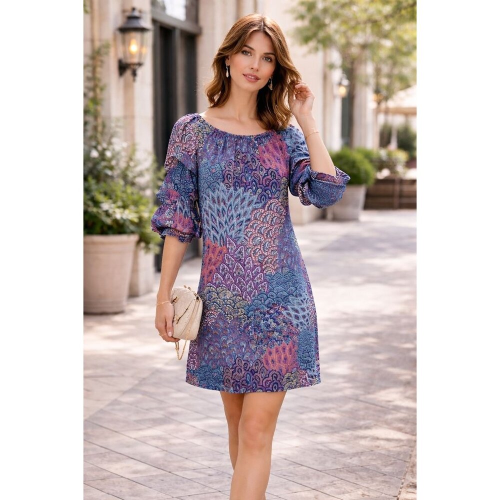 MSK Petite Womens Vibrant Multicolored Paisley Tunic Dress 3/4 Ruched Sleeves PM